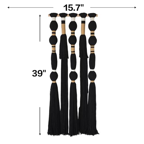 Black Macrame Wall Hanging - Geometric Boho Cotton Tapestry (15.7" x 39")