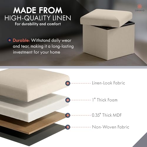 Small Square Storage Ottoman, Foldable Linen Cube Foot Rest, 12x12x12 Inch
