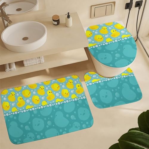 Yellow Rubber Duck 4-Piece Shower Curtain & Non-Slip Bath Rug Set