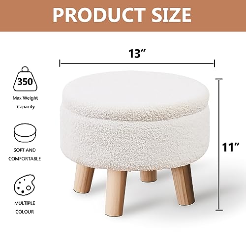 Round Teddy Velvet Storage Ottoman with Wood Legs, Cream Footstool