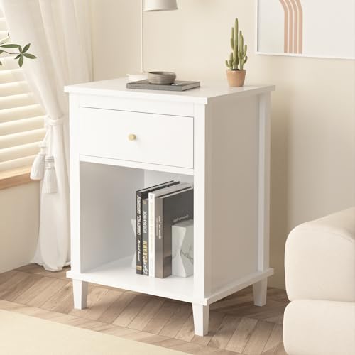 Extrasleep Kids Nightstand with Storage Drawer - White, 27"H Toddler Bedside Table for Boys & Girls, Modern End Table with Shelf