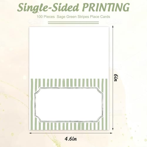 100 Pcs Sage Green Striped Tented Place Cards for Wedding Table Settings