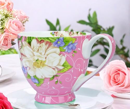 YUESITE 16oz Bone China Floral Mugs - Pink Magnolia, Large Coffee Tea Cup