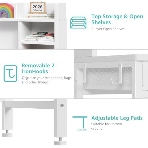 Kids Study Desk and Chair Set with Hutch and Fabric Storage Drawers