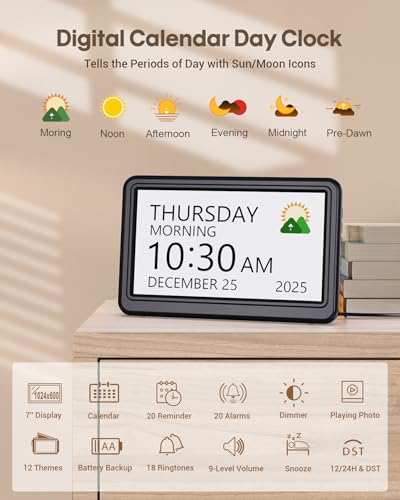 7-Inch Digital Calendar Day Clock with Date & Reminders for Seniors