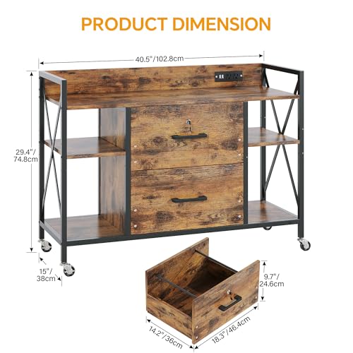2-Drawer Rolling File Cabinet with Power Outlets and Adjustable Shelves