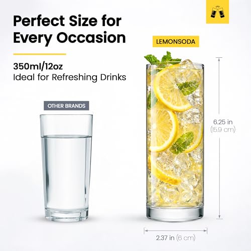12oz Highball Glass Set of 6 - Heavy Base Cocktail and Drinkware Tumblers