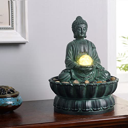 Zen Buddha Tabletop Water Fountain with LED Light and Rolling Glass Ball