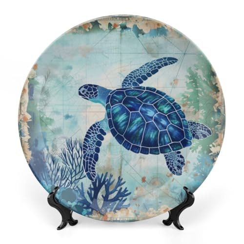 10-Inch Nautical Decorative Ceramic Plate with Display Stand, Turtle Pattern