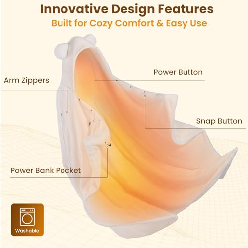 Portable Cordless Heated Blanket Shawl, 50x70 Fleece Wearable Hoodie, Beige