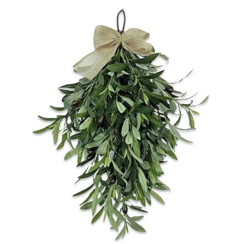 24-Inch Artificial Olive Branch Teardrop Swag for Front Door and Wall Decor