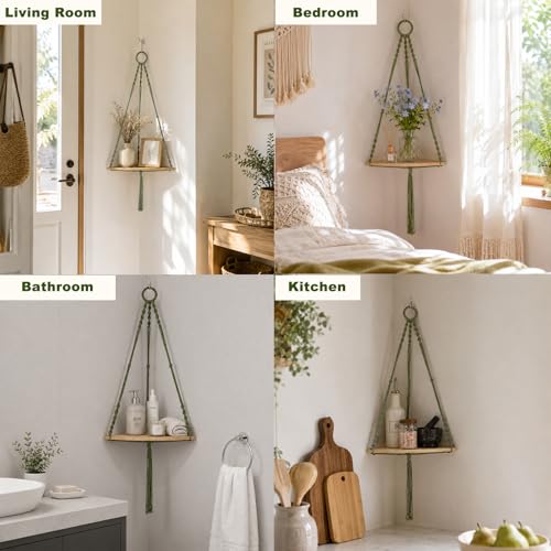 Macrame Corner Wall Shelf, Adjustable Boho Wood Floating Shelf for Plants