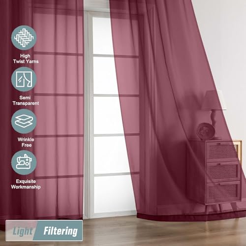 Ebesto Burgundy 2-Pack Sheer Curtains 42x84 inches Dual Rod Pocket