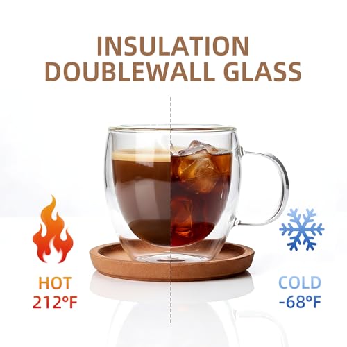 Double Wall Insulated Espresso Shot Cups Set of 2 - Clear Borosilicate Glass Demitasse Mugs with Handles