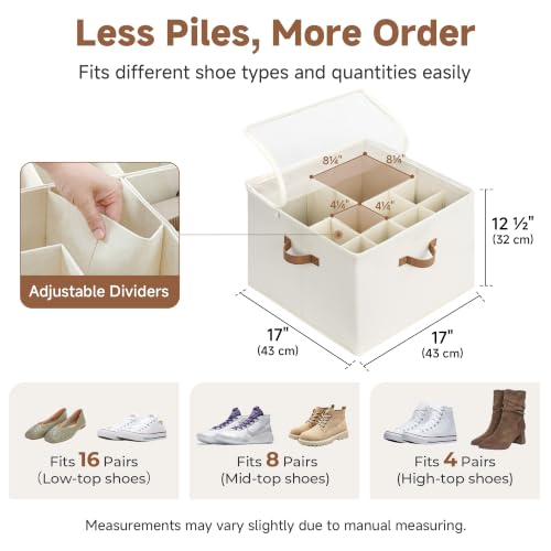 Foldable Shoe Storage Organizer 2-Pack, Adjustable Dividers & Clear Lid