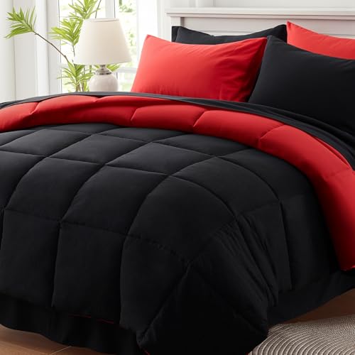 7-Piece Queen Comforter Set - Reversible Red & Black Bed in a Bag