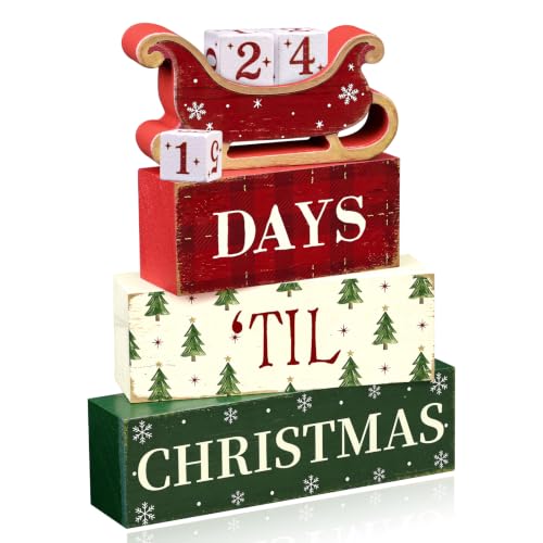 BORORO Christmas Countdown Sleigh Decor - Rustic Wood Countdown Blocks, Days ’Til Christmas, One Size