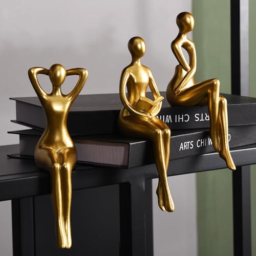 Abstract Gold Thinker Statue Set - Modern Resin Shelf Decor Figurines (3 Pc)