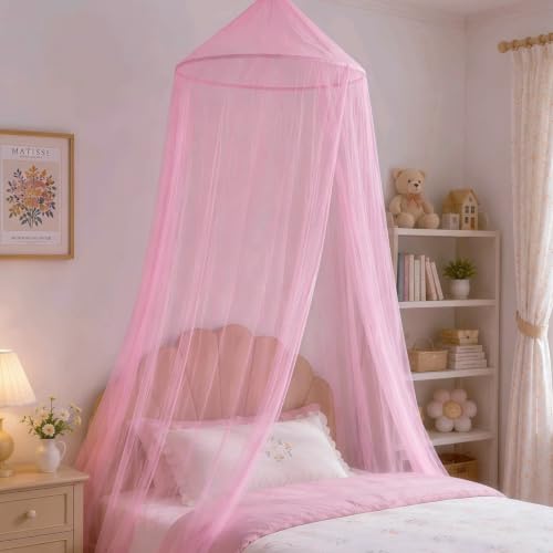 Pink Round Dome Bed Canopy for Girls - Breathable Mosquito Netting
