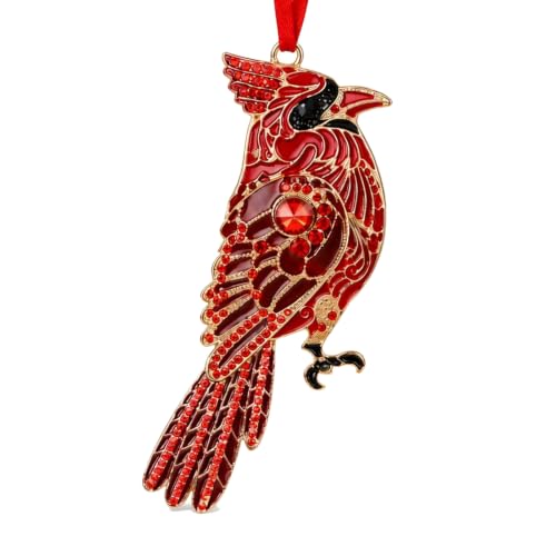 Metal Red Cardinal Christmas Ornament with Rhinestones - Red Cardinal Bird, 2x4 in, WYARMGIF