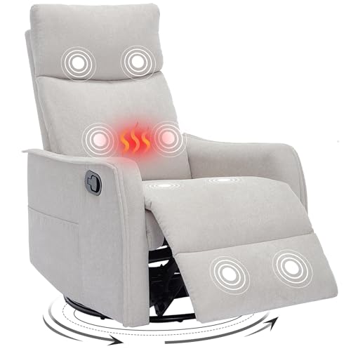 Swivel Rocker Recliner Chair with Heat and Massage, Beige Chenille