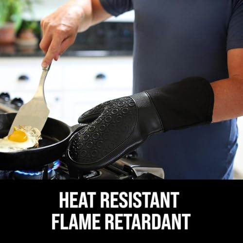 Extra Long Silicone Oven Mitts - 500°F Heat Resistant, 13.7" Black
