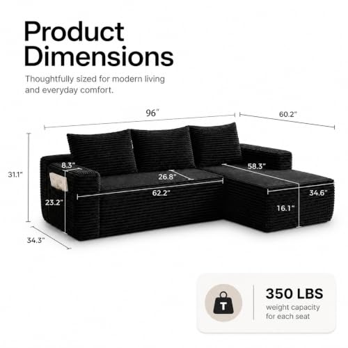 96 Inch Modular L-Shaped Couch with Deep Cushions - Black Sectional Sofa