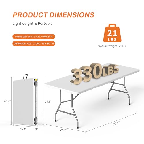 6-Foot Folding Table 2-Pack, Heavy Duty Portable Fold-in-Half Utility Table