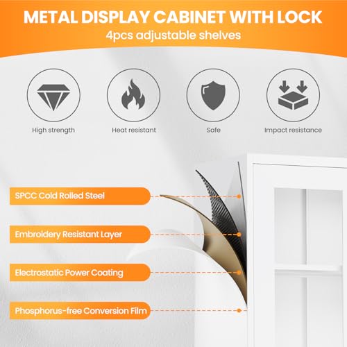 71-Inch Locking Glass Display Cabinet with 4 Adjustable Shelves, White
