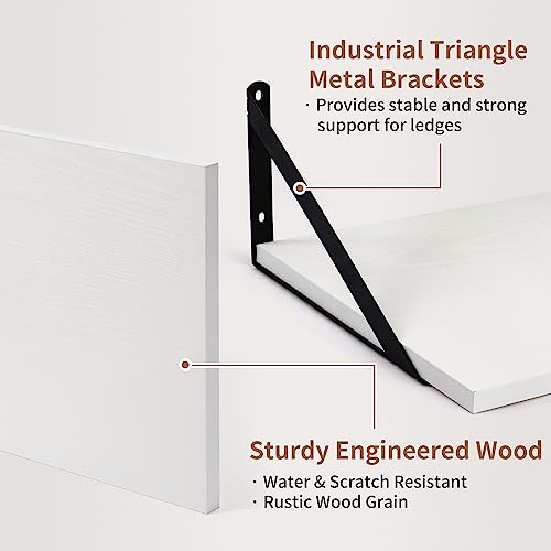16x12 Inch Deep Floating Wall Shelves - Set of 2 Heavy Duty White Shelves