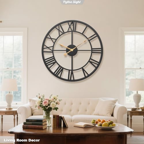24-Inch Large Metal Wall Clock - Modern Roman Numeral Decor for Living Room