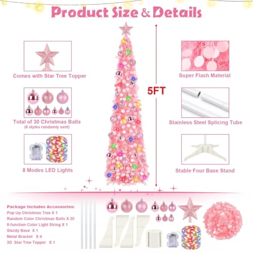Pink 5ft Collapsible Christmas Tree with Lights, 30 Ornaments & Star Topper - Holiday Decor