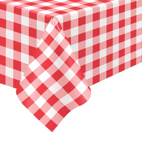 2 Pack Red Gingham Disposable Tablecloths, 54 x 108 Inch Plastic Table Cover