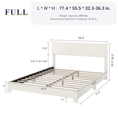 Full Size Upholstered Platform Bed Frame with Adjustable Headboard, White