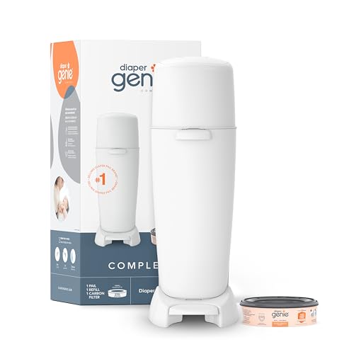 Diaper Genie Complete Diaper Pail White with Refill & Carbon Filter – Odor Locking Nursery Organizer