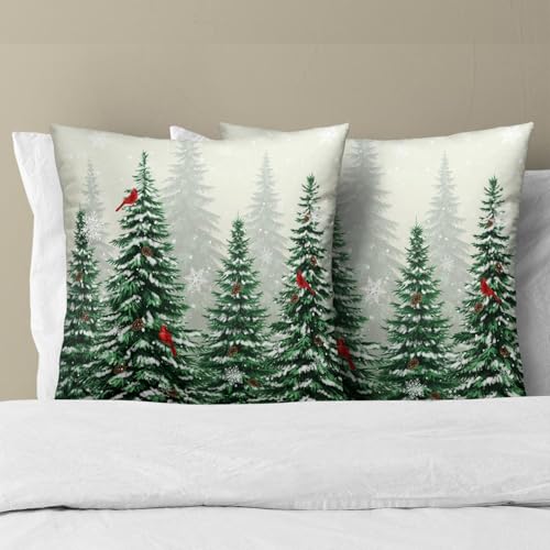 Harooni Winter Cardinal Bird Pine Tree Pillow Covers 20x20 Inch Set of 2 - Christmas Snow Forest Home Decor