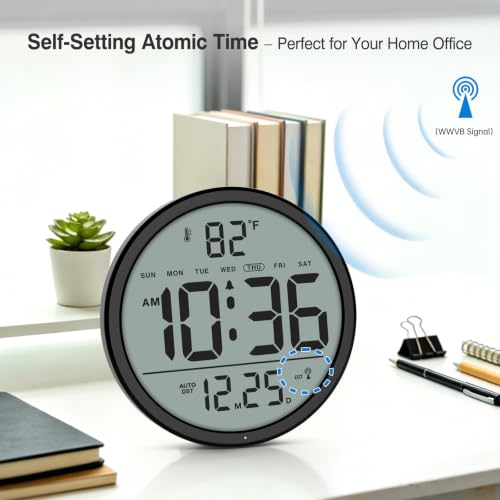 8-Inch Atomic Wall Clock with Smart Backlight, Indoor Temperature and Date