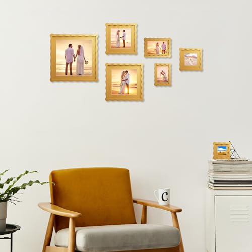 Chrspk 8x8 Yellow Wavy Picture Frame with 6x6 Mat, Real Glass