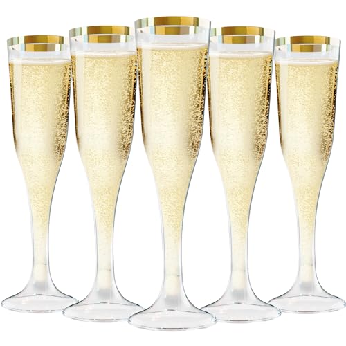 Small Disposable Champagne Flutes Set of 100 - Clear with Gold Rim, 4.5oz