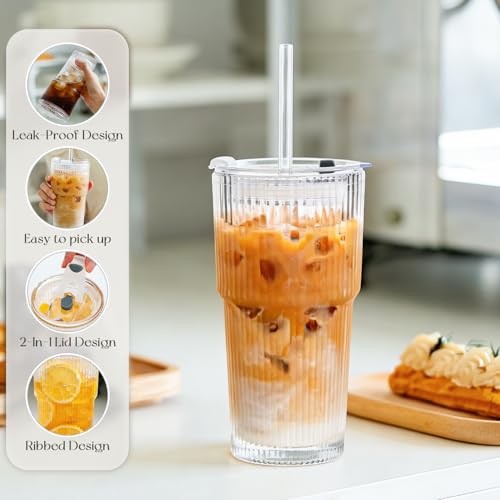 20oz Ribbed Glass Tumbler with Lid and Straw - Reusable Iced Coffee Cup