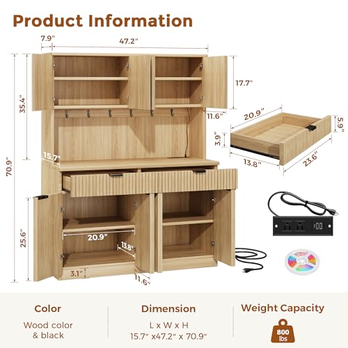 Fluted Kitchen Pantry Cabinet with Charging Station and LED Lighting
