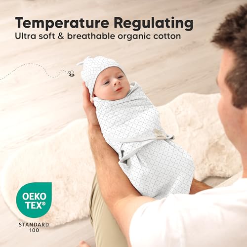 KeaBabies Organic Cotton Baby Swaddle Wrap & Knot Hat Set, 3-Pack (0-3M)
