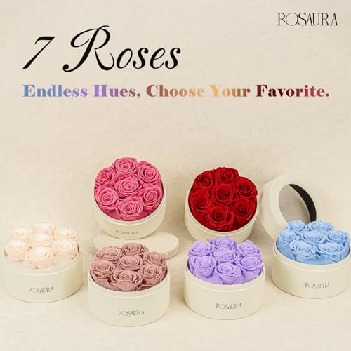Preserved Roses Gift Box, 7 Real Pink Eternal Roses in Round Case
