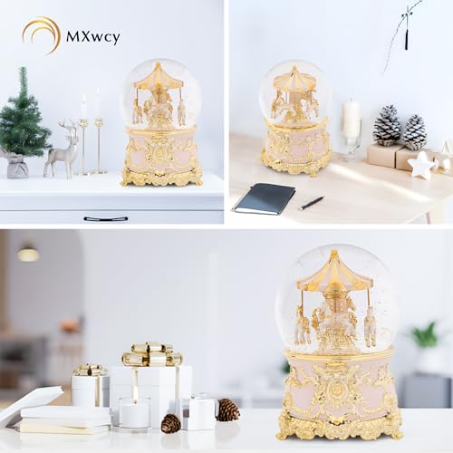 7.1-Inch Rotating Carousel Snow Globe Music Box - Gold and Pink
