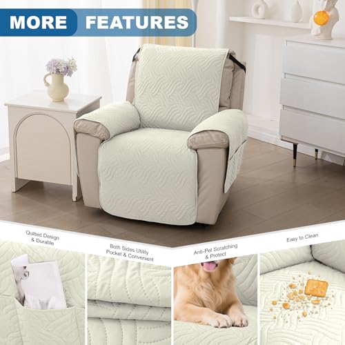 Waterproof Non-Slip Recliner Chair Cover - Quilted Protector with Pocket (Off White, 23")