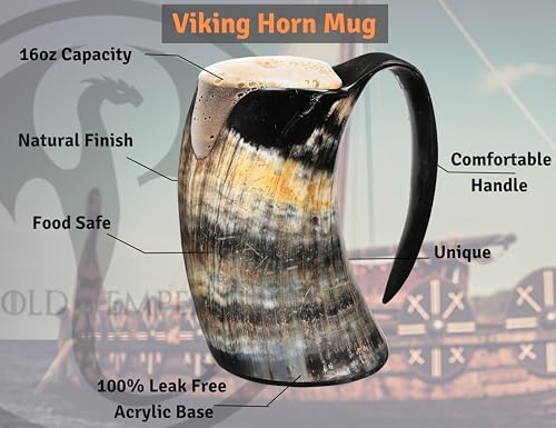 Handmade 16 oz Viking Ox Horn Drinking Mug - Authentic Food-Grade Tankard
