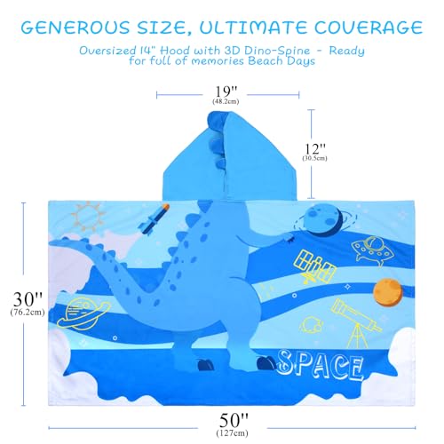 Kids Hooded Beach Towel - Blue Dinosaur Soft Bath Towel for Ages 3-10, 30" x 50"