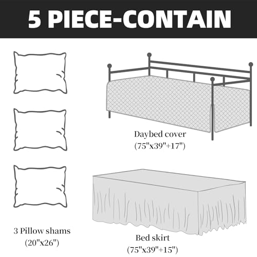 5-Piece Diamond Stitch Daybed Cover Set with Bedskirt & Shams - Beige