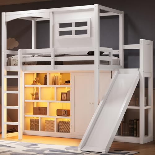 Twin Size Wood House Loft Bed with Wardrobe, Slide, and LED Lights