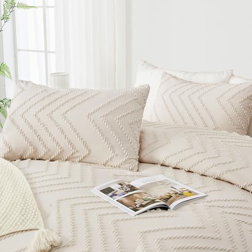 Beige Queen Comforter Set - 3 Piece Soft Boho Tufted Chevron Bedding